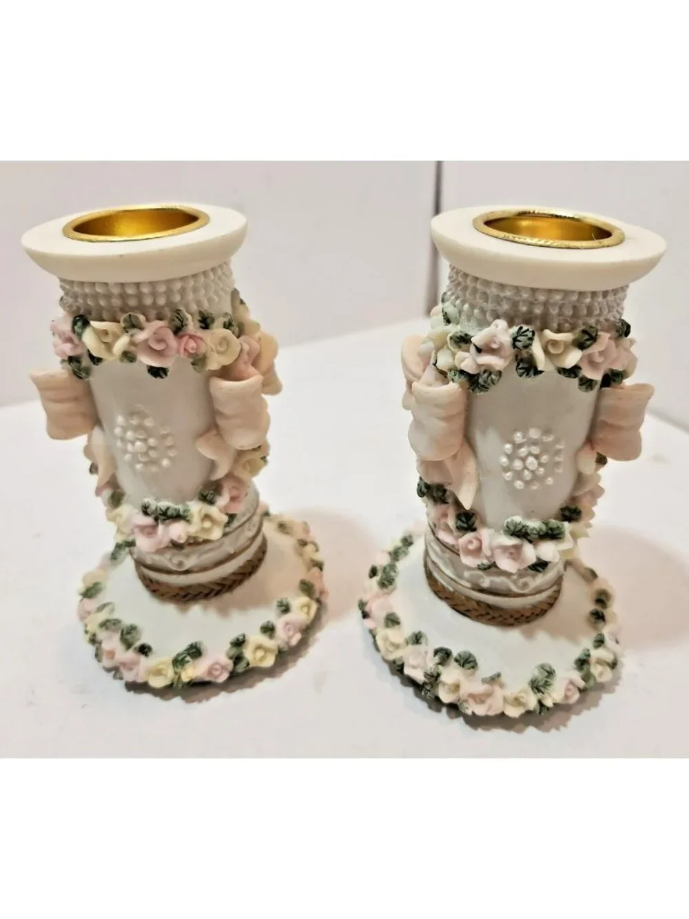 Pair of Sculpted Flower and Bows Ceramic Candlestick Holders Pastels Weddings